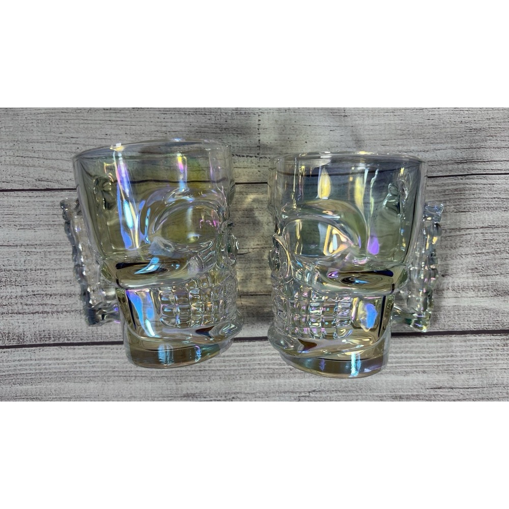 Vintage Iridescent Skull Glass Mug Set Halloween Gothic Barware - Picture 5 of 6